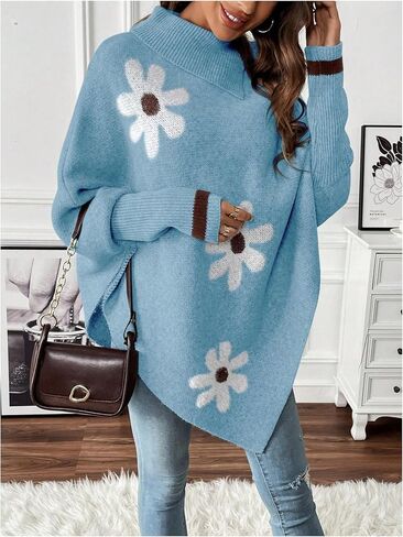MakeMeChic Women's Oversized Fall Sweaters 2024 Floral Long Sleeve Turtleneck Knit Asymmetrical Poncho Pullover Sweaters Tops in Kuwait