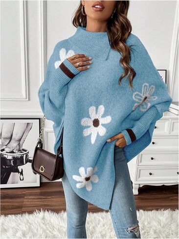 MakeMeChic Women's Oversized Fall Sweaters 2024 Floral Long Sleeve Turtleneck Knit Asymmetrical Poncho Pullover Sweaters Tops in Kuwait