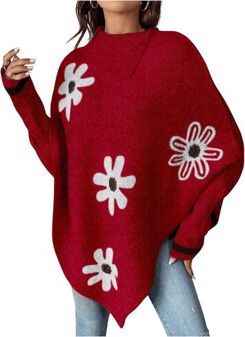 MakeMeChic Women's Oversized Fall Sweaters 2024 Floral Long Sleeve Turtleneck Knit Asymmetrical Poncho Pullover Sweaters Tops in Kuwait