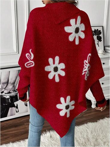 MakeMeChic Women's Oversized Fall Sweaters 2024 Floral Long Sleeve Turtleneck Knit Asymmetrical Poncho Pullover Sweaters Tops in Kuwait