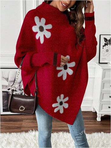 MakeMeChic Women's Oversized Fall Sweaters 2024 Floral Long Sleeve Turtleneck Knit Asymmetrical Poncho Pullover Sweaters Tops in Kuwait