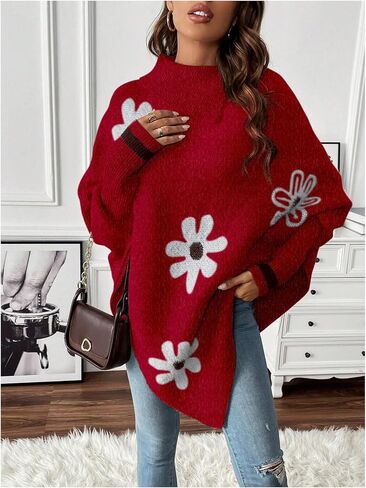 MakeMeChic Women's Oversized Fall Sweaters 2024 Floral Long Sleeve Turtleneck Knit Asymmetrical Poncho Pullover Sweaters Tops in Kuwait