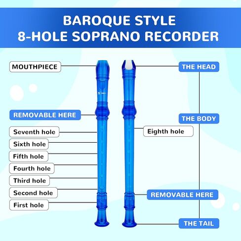 SWAN Soprano Recorder Instrument for Beginners Kids Student - German Fingering 8 Hole Flute Detachable 3pcs ABS Descant Recorders with Cleaning Rod and Fingering Chart, SW8K, Ivory in Kuwait