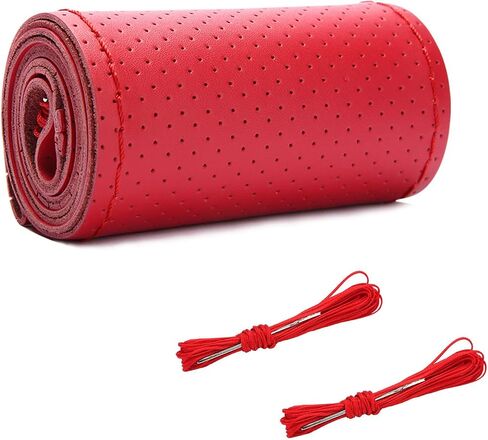 Augeny Genuine Leather Steering Wheel Cover, Breathable Anti-Slip Car Steering Wheel Protector Stitch on Wrap for Max Diameter 15 Inch, DIY Sewing with Needle Thread (Full Hole, Red) in Kuwait
