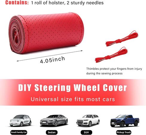 Augeny Genuine Leather Steering Wheel Cover, Breathable Anti-Slip Car Steering Wheel Protector Stitch on Wrap for Max Diameter 15 Inch, DIY Sewing with Needle Thread (Full Hole, Red) in Kuwait