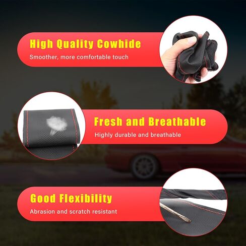 Augeny Genuine Leather Steering Wheel Cover, Breathable Anti-Slip Car Steering Wheel Protector Stitch on Wrap for Max Diameter 15 Inch, DIY Sewing with Needle Thread (Full Hole, Red) in Kuwait