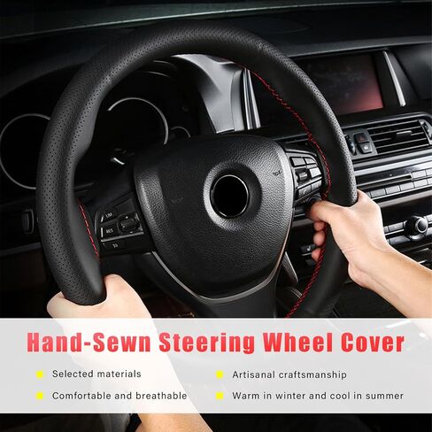 Augeny Genuine Leather Steering Wheel Cover, Breathable Anti-Slip Car Steering Wheel Protector Stitch on Wrap for Max Diameter 15 Inch, DIY Sewing with Needle Thread (Full Hole, Red) in Kuwait