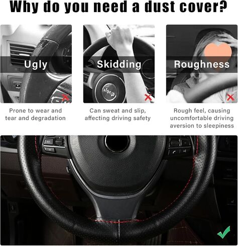 Augeny Genuine Leather Steering Wheel Cover, Breathable Anti-Slip Car Steering Wheel Protector Stitch on Wrap for Max Diameter 15 Inch, DIY Sewing with Needle Thread (Full Hole, Red) in Kuwait