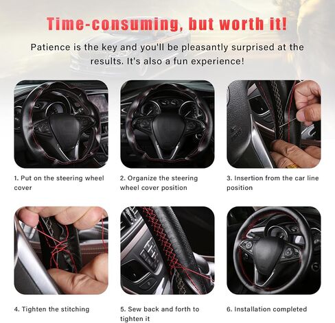 Augeny Genuine Leather Steering Wheel Cover, Breathable Anti-Slip Car Steering Wheel Protector Stitch on Wrap for Max Diameter 15 Inch, DIY Sewing with Needle Thread (Full Hole, Red) in Kuwait