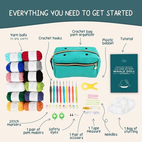 Hikiyose Crochet Kit for Beginners Adults - 47pcs Crochet Accessories with Blue Whale Video Tutorial, Soft Crochet Yarn Set, Hooks, Storage Bag - Easy Crochet Kit for Beginners Kids, Hobbies for Women in Saudi Arabia