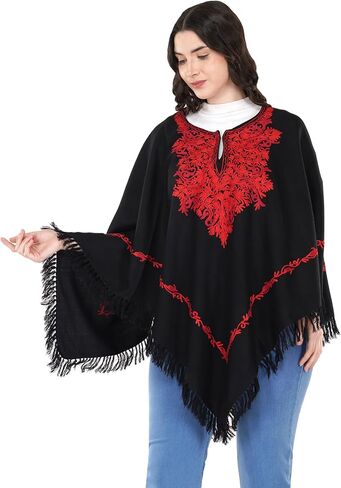 Premium Women's Kashmiri hand embroidery floral woollen poncho Indian cape wrap shrug Free size in Kuwait