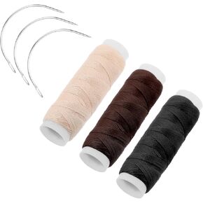 3Rolls Hair Weaving Thread Cotton, Sewing Threads and Needles Set Thread for Hair Extensions Black Weaving Thread with 3 Pcs Curved Needles or Hand Sewing Wig Making Hair Weave Weft Craft DIY
