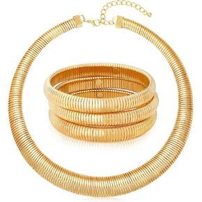 MISS RIGHT Chunky Gold Snake Chain Statement Choker Necklace and 3PCS Gold Stretch Bangle Bracelets Set for Women