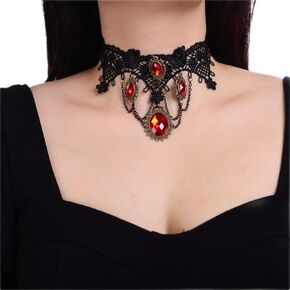 Sither Women Halloween Choker Necklace Red Crystal Black Lace Gothic Necklace for Halloween Statement Punk Costume Party Vampire Choker for Gift