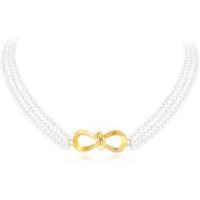Y2k Flower Layered Bow-Knot Pearl Choker Necklace for Women, 14K Gold Plated Boho Imitation Pearl Bowknot Choker, Y2k Colorful Beaded Floral Choker Necklace, Christmas Valentine's Day Gift