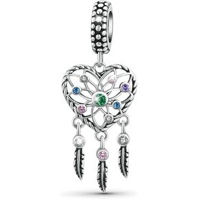 GNOCE Lovely Family Charm Bead Sterling Silver Heart Shape Charm Jewelry Gift For Women Wife Fit Bracelets/Necklace For Mother's Day Gift (Colorful Dreamcatcher)