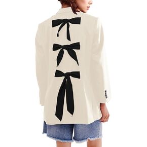 Women Casual Oversized Blazers Bow Tie Blazer Suit Lapel Open Front Office Blazer Jacket Button Down Work Cardigan