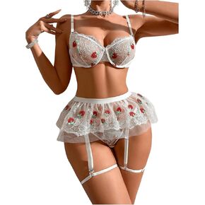 MakeMeChic Women's 5 Piece Lingerie Set Mesh Sheer Strawberry Embroidery Underwire Bra and Tiered Skirt Set with Garter Belt