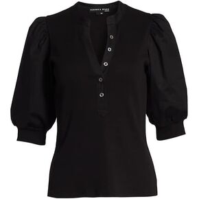 Women's Solid Black Coralee Puff-Sleeve Stretch Cotton Top