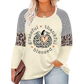 Plus Size Thanksgiving Shirts for Women Thankful Grateful Blessed Shirt Leopard Pumpkin Tshirt Fall Shirt