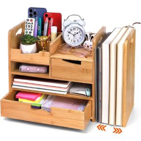 ZOOFOX Bamboo Desk Organizer with Adjustable File Holder, 4-Tier Wood Desktop Organizer with Drawer, Desktop Organization and Desk Accessories for Home Office School Supplies, No Assembly Required