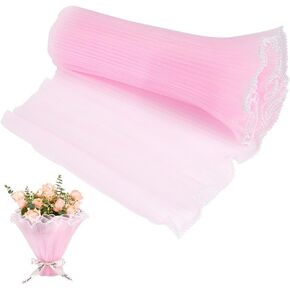 BENECREAT 157x10.8 Inch Pink Flower Wrapping Paper, Pearl Edge Bouquet Floral Packaging Mesh Paper Wrinkled Wavy Net Yarn for Weddding Favor, Mother's Day Flower Gift Packing