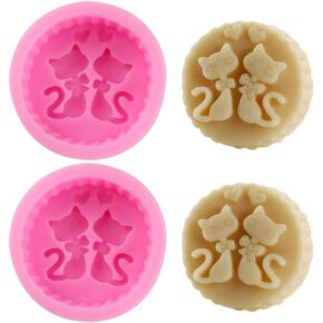 2Pcs Two Cat Lovers with Bows Hearts Shaped Silicone Soap Mold Handmade Lotion Bar Soap Making Molds
