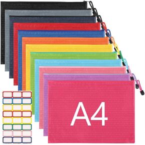 12pcs Zipper Pouch with Labels, Waterproof Pencil Storage Bags for Office Supplies Travel Accessories, A4 Size, 12 Colors