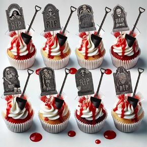 48PCS Halloween Cupcake Toppers - Halloween Cake Decorations & Halloween Birthday Party Decorations - Graveyard Tombstone Cupcake Toppers with Novelty Mini Shovel Spoons