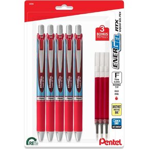 Pentel Energel Deluxe RTX 0.5 mm Red Needle Tip Pens - Retractable Liquid Gel Pen Set - Pack of 5 + 3 Refills