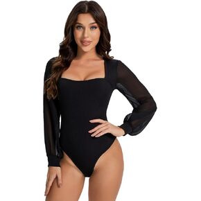 WDIRARA Women's Mesh Long Lantern Sleeve Square Neck Solid Skinny Bodysuit Top