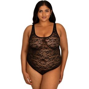 Curvy Couture Womens No Show Lace Semi Sheer Bodysuit