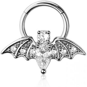 Pierced Owl 16GA 316L Stainless Steel Crystal Bat Hinged Segment Clicker Ring