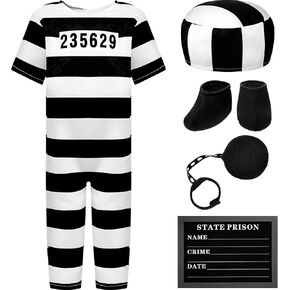 4 Pcs Halloween Prisoner Convict Costume with Toy Handcuff Child Prisoner Inmate Costume Prison Jumpsuit for Halloween Party