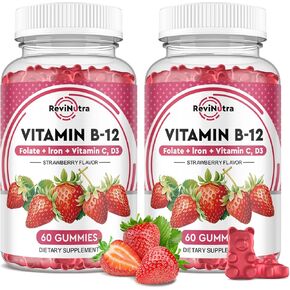 Vitamin B12 Gummies - 5000 mcg Methylcobalamin with Iron, Vitamin C, D3 & Folate, Energy Support and Metabolism, Immune, B-12 Complex Chewable Supplement for Men & Women, Vegan- 60 Count