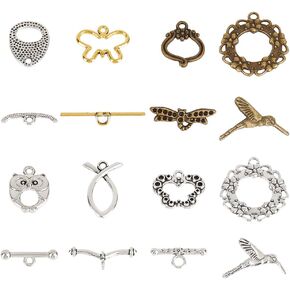PH PandaHall 48pcs Toggle Clasp T-Bar Closure Clasps Butterfly Dragonfly Clasps 7 Style Tibetan OT Toggle Clasps Fastener Hook Toggle Connectors for Necklace Bracelet Jewelry Making