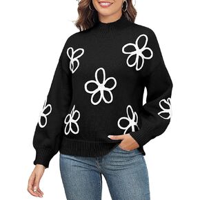 ZAFUL Women's Pullover Sweater Long Sleeve Crewneck Floral Print Color Block Loose Knit Sweater Jumper