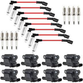 Set of 8 UF413 Square Ignition Coil with M8-48322R 8mm Spark Plug Wires Set & 41-962 Platinum Spark Plugs Compatible with Chevy Silverado, Cadillac Escalade, Buick, GMC 4.8L 5.3L 6.0L 6.2L