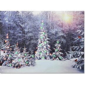 BANBERRY DESIGNS Winter Lighted Holiday Canvas Print - LED with Red Cardinals and Snowy White Christmas Trees - Measures 12" x 16"