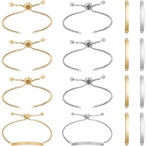 UNICRAFTALE 8 Sets 2 Colors DIY Stamping Blank Rectangle Slider Bracelet Making Kit Engravable Blank Tags Links Stainless Steel Slider Bracelets Golden Links Connectors for Bracelets Jewelry Making