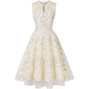Sleeveless Floral Embroidery Dress for Women Flower Embroidery Tulle Prom Dress Mesh Illusion Keyhole Wedding Party Tea Dress