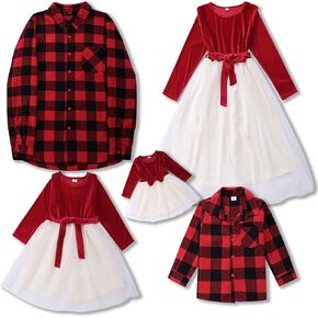 Family Matching Christmas Outfits Red Plaid Parent-Child Lace Skirt Xmas Photography Matching Dress Costume for Women Men Kid