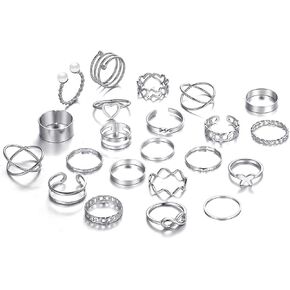 Lnnmomn 22 Pcs Gold/Silver Rings Set for Women, Sparkling Dainty Simple Trendy Ring Pack, Butterfly Diamond Opening Multi Joint Ring Set Love Pearl Ring Jewelry Gifts for Womens, Gifts for Her