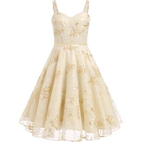 IKADEX Embroidery Floral Bustier Dress for Women Spaghetti Strap A-line Cocktail Wedding Guest Dress