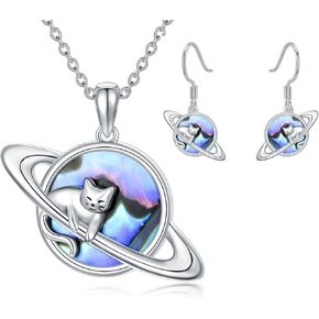 PROESS Planet Cat Necklace Earrings 925 Sterling Silver Space Cat Jewelry Set Abalone Planet Cat Jewelry Gifts for Women Girls