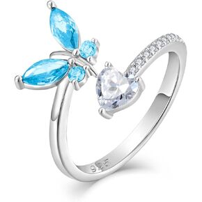Butterfly Ring 925 Sterling Silver Open Adjustable Bypass Ring Heart Birthtone Jewelry Gift for Women