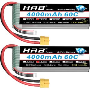 HRB 3S 4000mAh Lipo Battery XT60 11.1V Lipo Battery 60C RC Lipo Batteries Compatible with RC Car RC Plane RC Truck RC Boat (2packs)