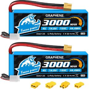 Yowoo 2 Packs 4S Lipo Battery 3000mAh 150C 14.8V Soft Case Graphene Battery with XT60 Plug for E-flite EDF RC Airplane Helicopter RC Boat UAV Drone FPV RC Car Truck Boat (EC3 / T/TR/Tamiya)