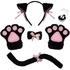 Fumwase 5 قطعة زي الهالوين للقطط، إكسسوارات تنكرية لآذان القط، طوق رأس الكفوف، قفازات الأسنان، ذيل الأنياب للبالغين in Kuwait