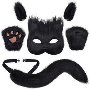 Cat Therian Mask and Tail Set for Women Halloween,Animal Mask Furry Therian Fox Mask Wolf Mask for Masquerade